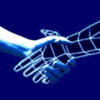 Symbol of the trust colloquium - artificial hand shakes human hand